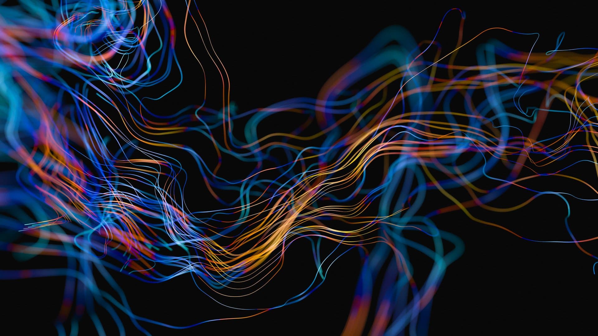 Abstract digital art of vibrant blue, orange, and purple flowing lines on black background symbolizing interconnected health data and wellness pathways.