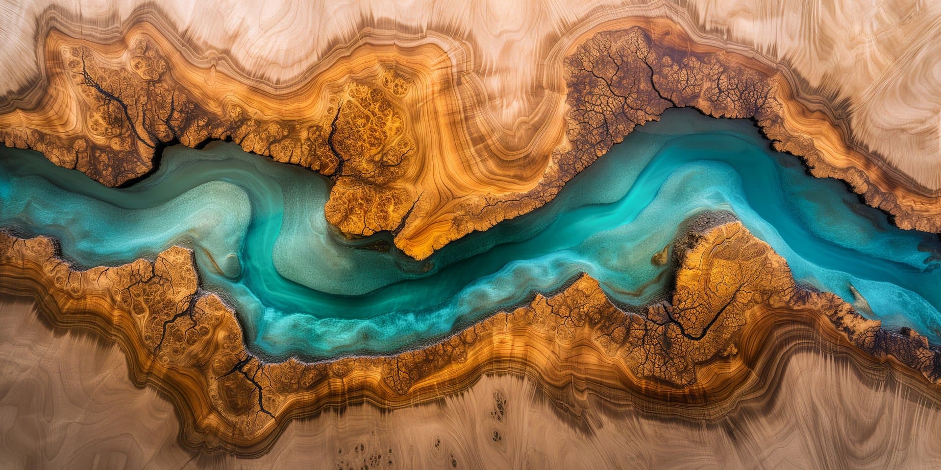 Abstract epoxy resin and live edge wood art featuring a flowing turquoise river through golden brown wood grain textures.
